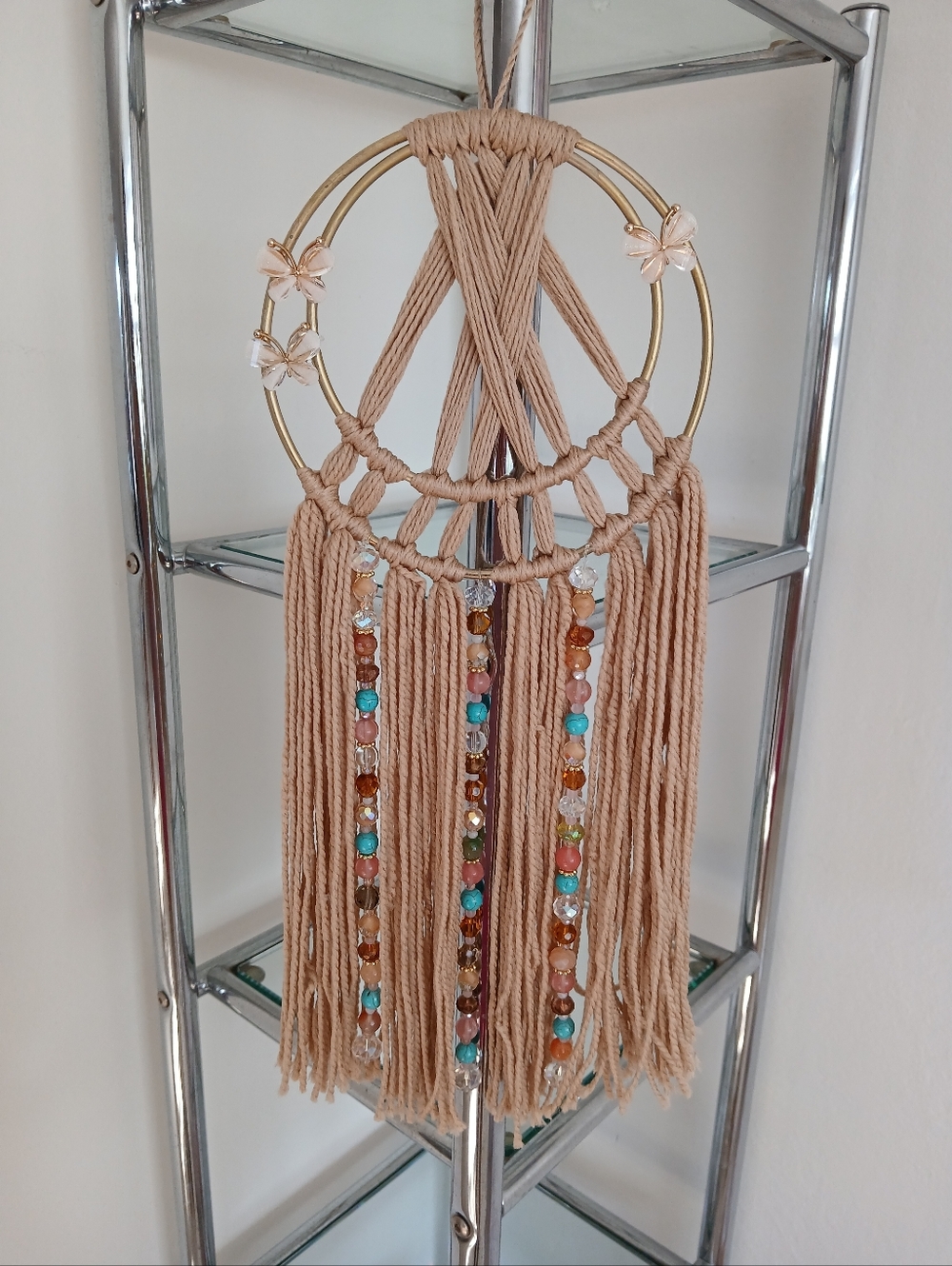 Boho Macrame Wall Hanging with Gemstone Beads And Crystals Beige, Turquiose